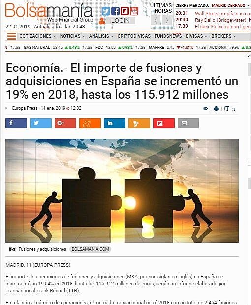 El importe de fusiones y adquisiciones en Espaa se increment un 19% en 2018, hasta los 115.912 millones